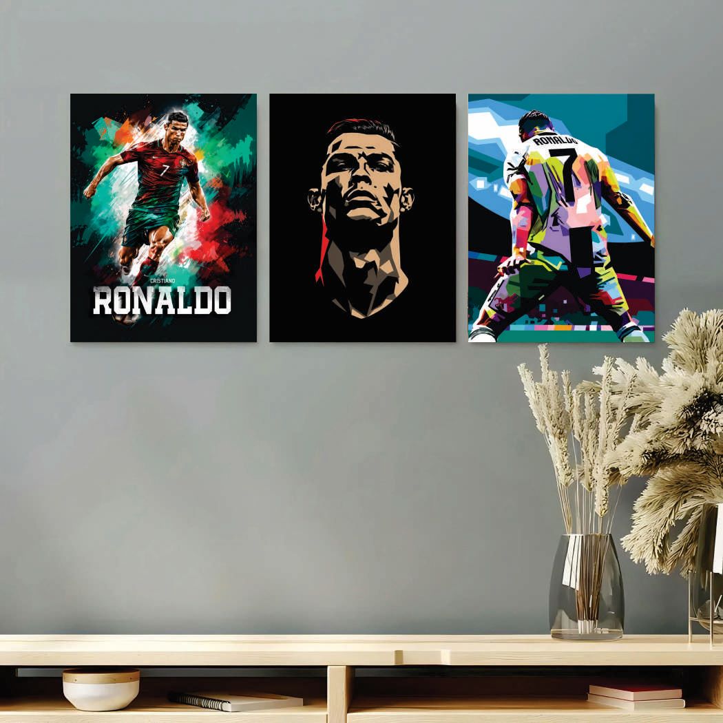 Cristiano Ronaldo Wall Art Set of 3 (8x11) – CR7 Pop Art Photo Tiles for Bedroom & Gaming Room