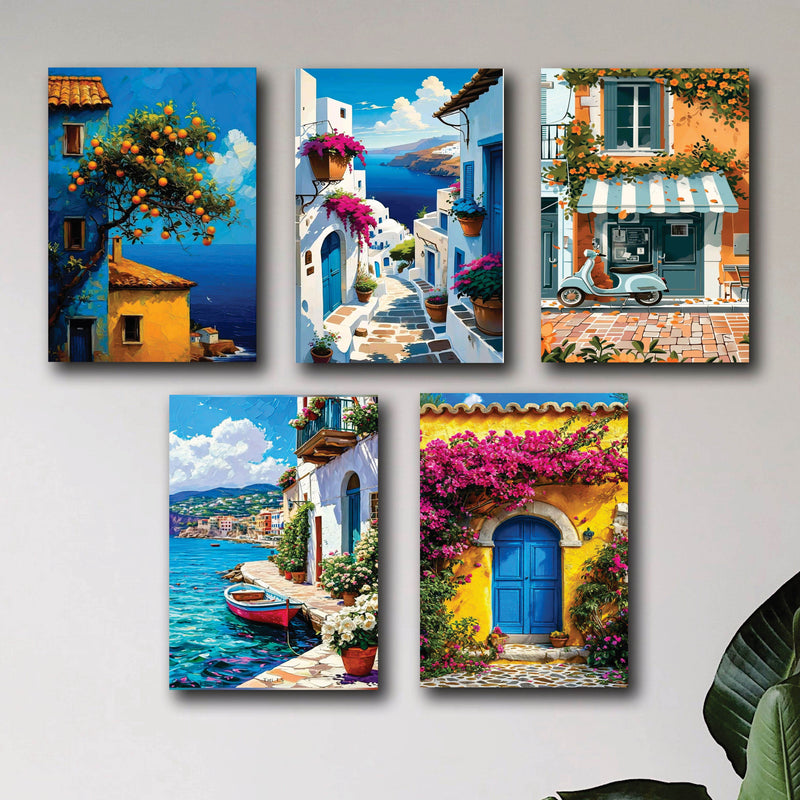 Set of 5 Mediterranean & Italian Coastal Wall Art Photo Tiles – Aegean Sea & Botanical Village Decor (8x11 Inches)