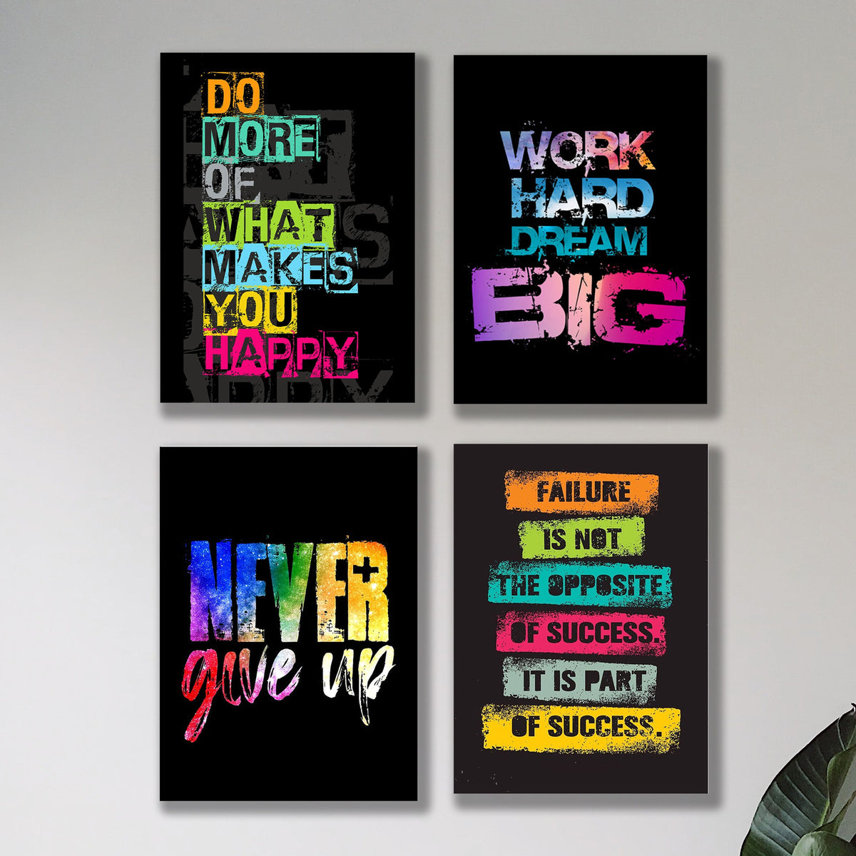 Set of 4 Motivational Typography Wall Art Prints (8x11) – Colorful Grunge Quotes Decor