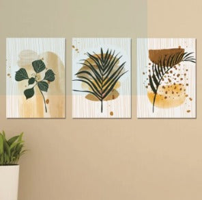 Modern Botanical Leaf Wall Art - Set of 3 Abstract Wooden Photo Tile Frames for Living Room & Home Decoration