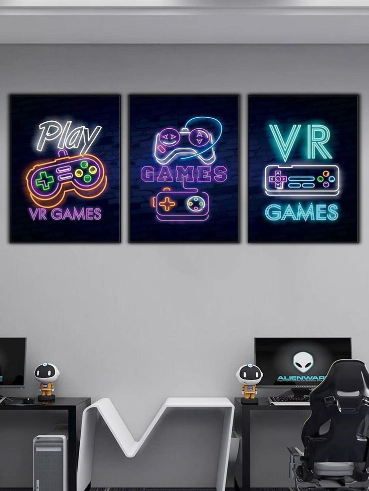 Next-Gen Neon Gaming Setup Art — 3Pcs Sticky Tiles