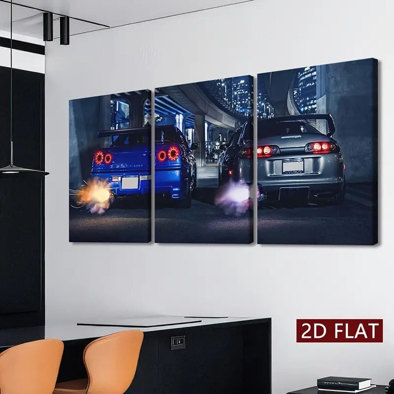 3-Piece Skyline GT-R & Supra Wall Decor – Stick-On Wooden Canvas Photo Tiles for Gaming Setup