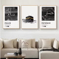 3-Piece Black & White Islamic Calligraphy Canvas Prints – Kaaba, Peace & Patience
