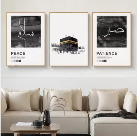3-Piece Black & White Islamic Calligraphy Canvas Prints – Kaaba, Peace & Patience