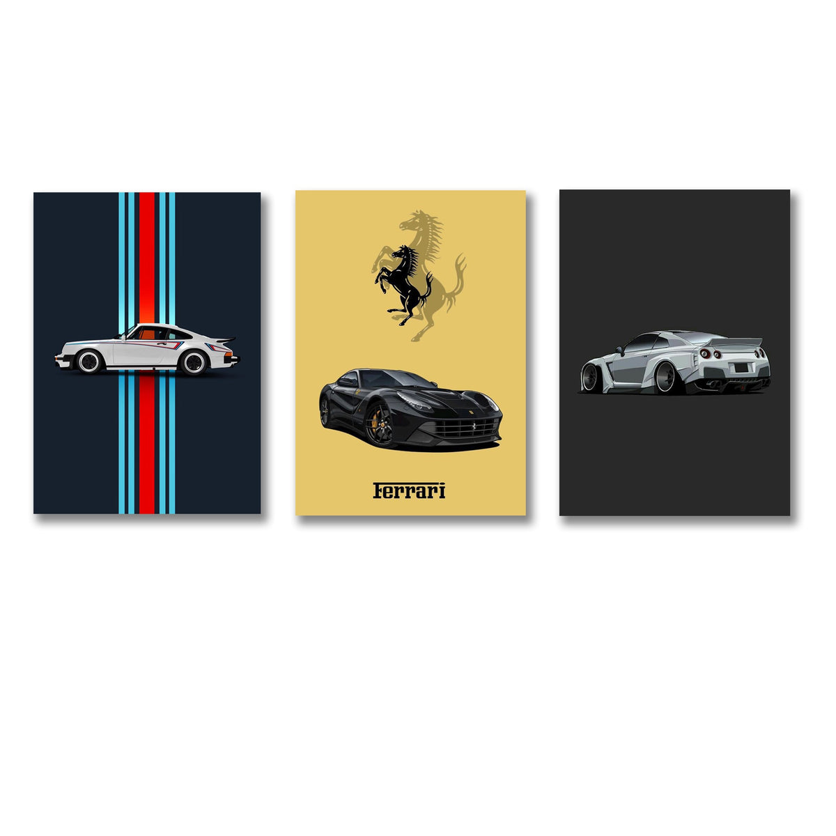 Set of 3 Modern Supercar & Automotive Wall Art Photo Tiles – Porsche, Ferrari & GT-R Decor (8x11 Inches)