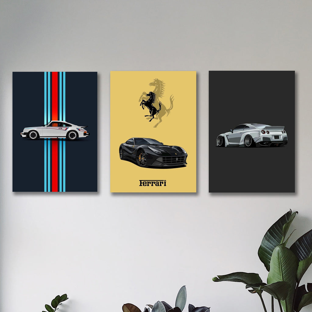 Set of 3 Modern Supercar & Automotive Wall Art Photo Tiles – Porsche, Ferrari & GT-R Decor (8x11 Inches)