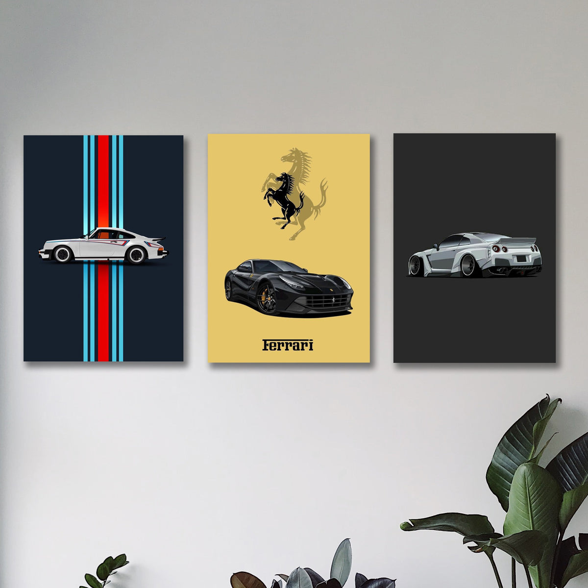 Set of 3 Modern Supercar & Automotive Wall Art Photo Tiles – Porsche, Ferrari & GT-R Decor (8x11 Inches)