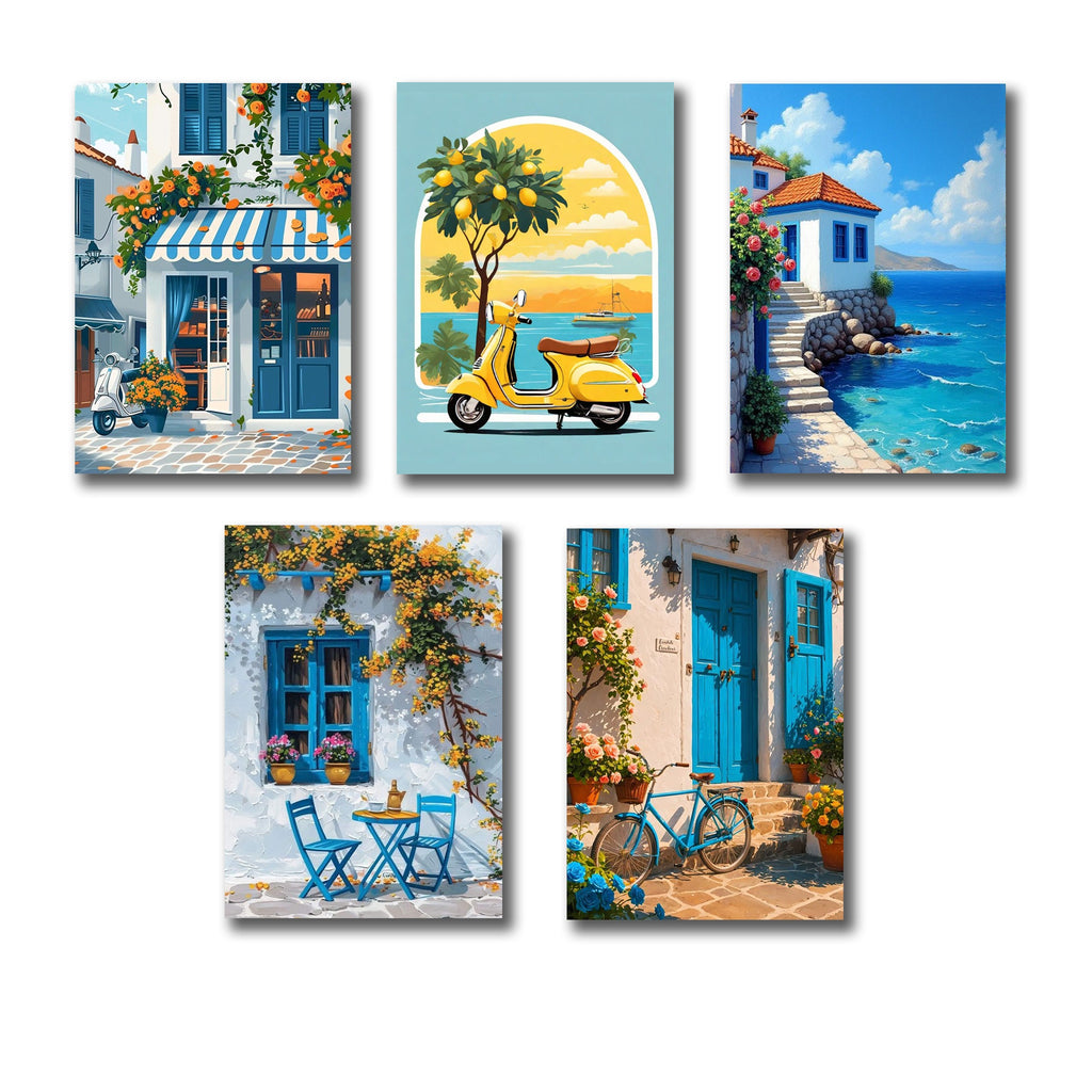 Set of 5 Mediterranean Coastal Vintage Wall Art Frames – Greek Village & Summer Cafe Aesthetic (8x11 Inches)