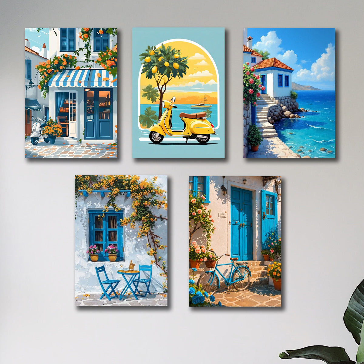 Set of 5 Mediterranean Coastal Vintage Wall Art Frames – Greek Village & Summer Cafe Aesthetic (8x11 Inches)