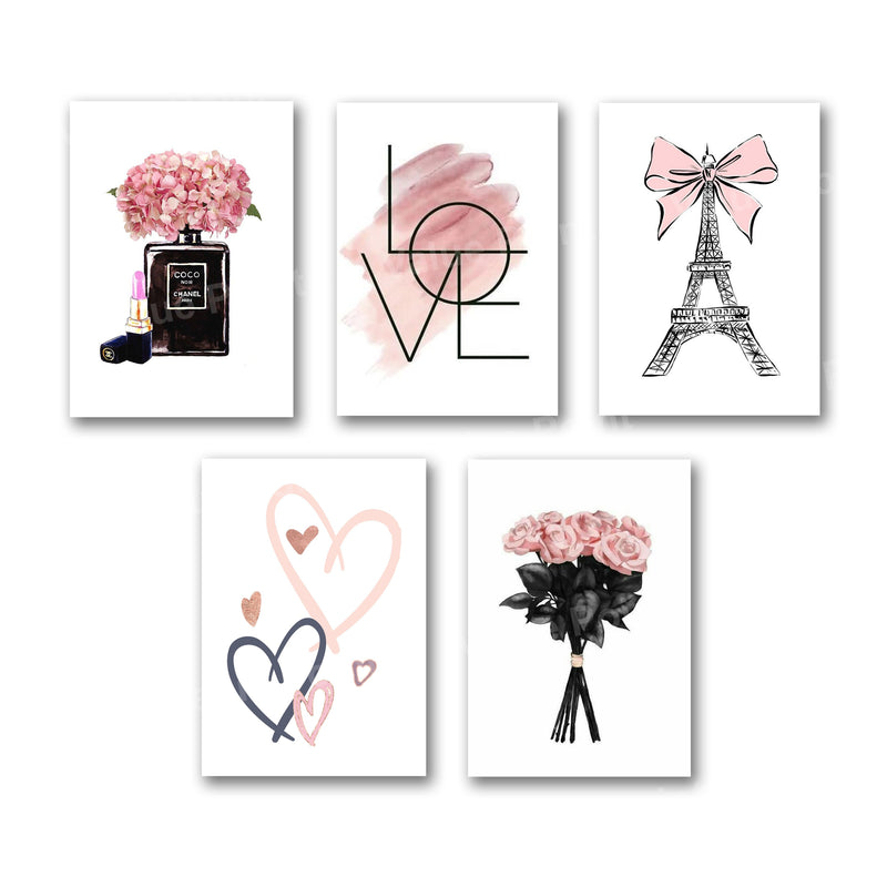 Set of 5 Pink Romance & Paris Aesthetic Wall Art Photo Tiles – Chic Floral & Fashion Decor (8x11 Inches)