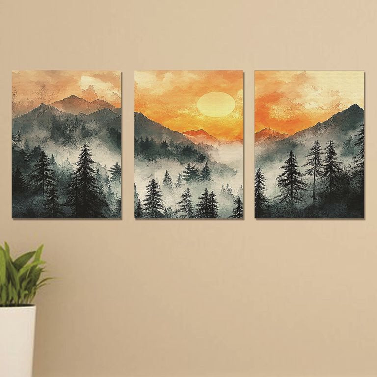 Set of 3 Misty Mountain Sunset Wall Art Frames – Forest & Landscape Watercolor Design (8x11 Inches)