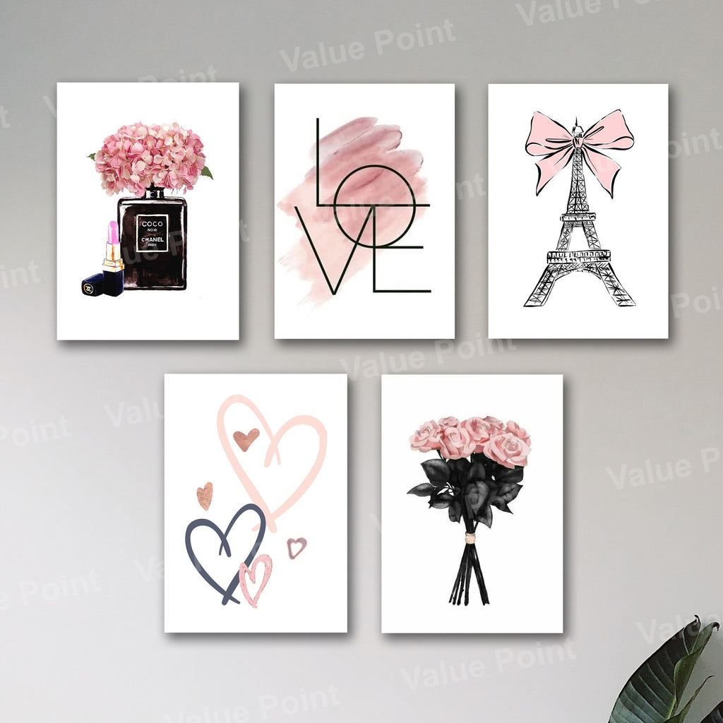 Set of 5 Pink Romance & Paris Aesthetic Wall Art Photo Tiles – Chic Floral & Fashion Decor (8x11 Inches)