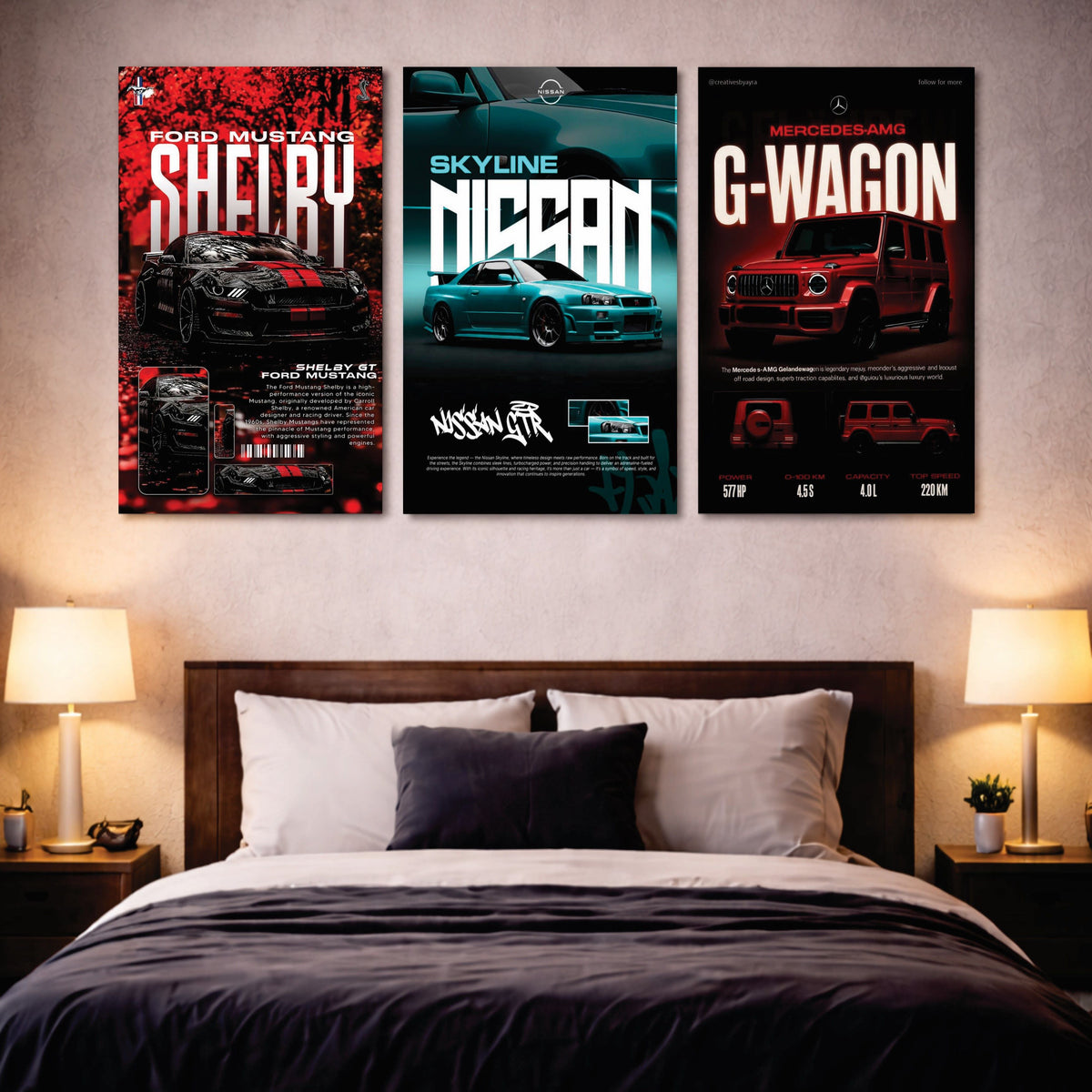 Premium Car & Gaming Wall Art Set – Mustang, Skyline GTR & G-Wagon Posters