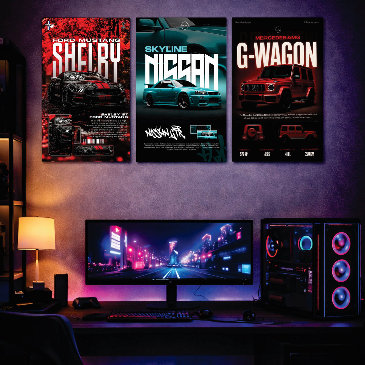 Premium Car & Gaming Wall Art Set – Mustang, Skyline GTR & G-Wagon Posters