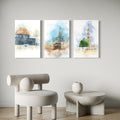 Set of 3 Islamic Holy Landmarks Watercolor Wall Art Photo Tiles – Makkah, Madinah & Al-Aqsa Decor (8x11 Inches)