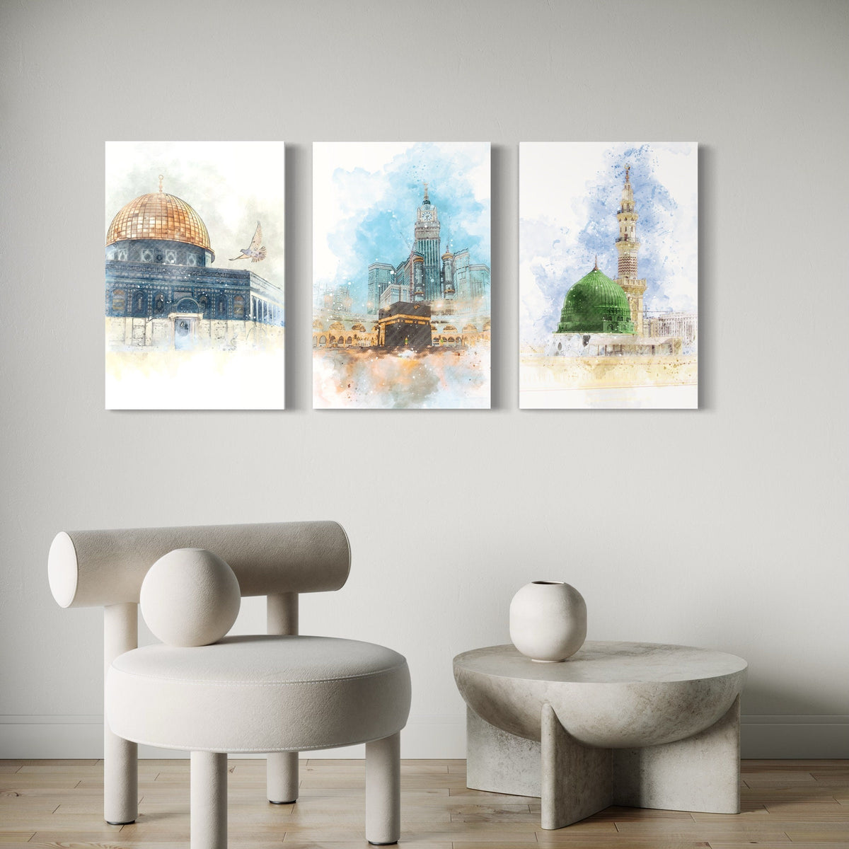 Set of 3 Islamic Holy Landmarks Watercolor Wall Art Photo Tiles – Makkah, Madinah & Al-Aqsa Decor (8x11 Inches)