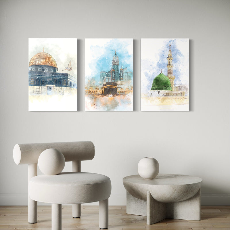 Set of 3 Islamic Holy Landmarks Watercolor Wall Art Photo Tiles – Makkah, Madinah & Al-Aqsa Decor (8x11 Inches)