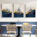 Modern Islamic Calligraphy Canvas Set of 3 (8x11) – Abstract Gold Foil & Navy Blue Living Room Wall Art
