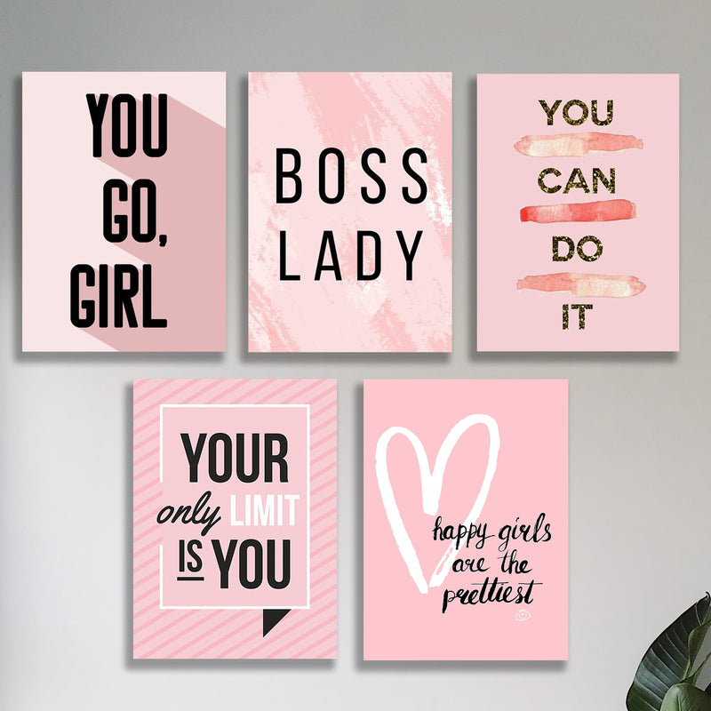 Set of 5 Pink Boss Lady & Girl Power Wall Art Prints (8x11) – Modern Aesthetic Photo Tiles
