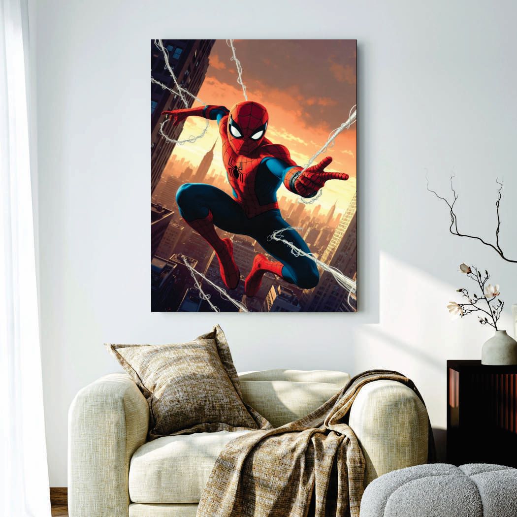Spider-Man Web-Slinging City Sunset Canvas Wall Art – Marvel Superhero Wall Decor Poster (8x16)