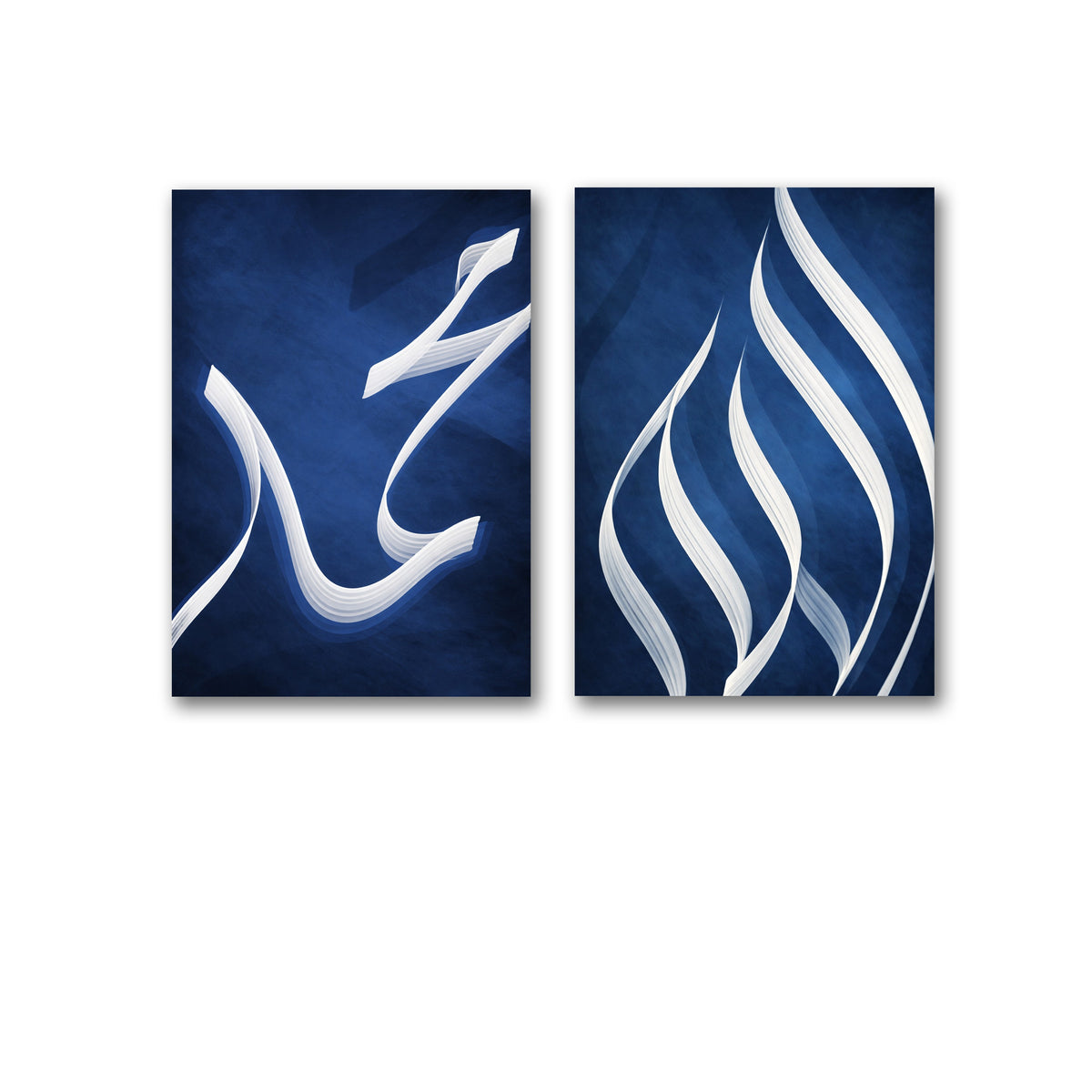 Set of 2 Allah & Muhammad Modern Calligraphy Wall Art Photo Tiles (8x11 Inches) – Royal Blue & White Islamic Decor