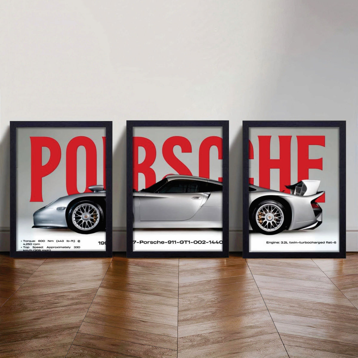 Set of 3 Porsche 911 GT1 Panoramic Wall Art Photo Tiles – Modern Automotive Triptych Decor (8x11 Inches)
