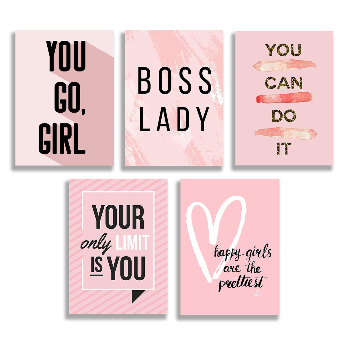 Set of 5 Pink Boss Lady & Girl Power Wall Art Prints (8x11) – Modern Aesthetic Photo Tiles